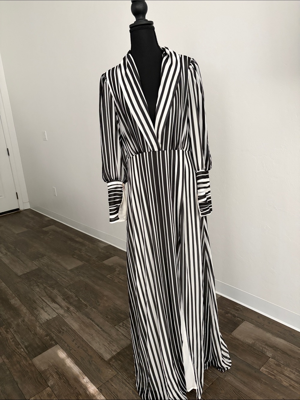 Fashion Nova Black & White Striped Maxi Wrap Dress